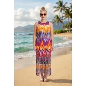 VENUS Maxi Dress L Colorful Boho Fringe Hem Beach Vacation Resort Aesthetic